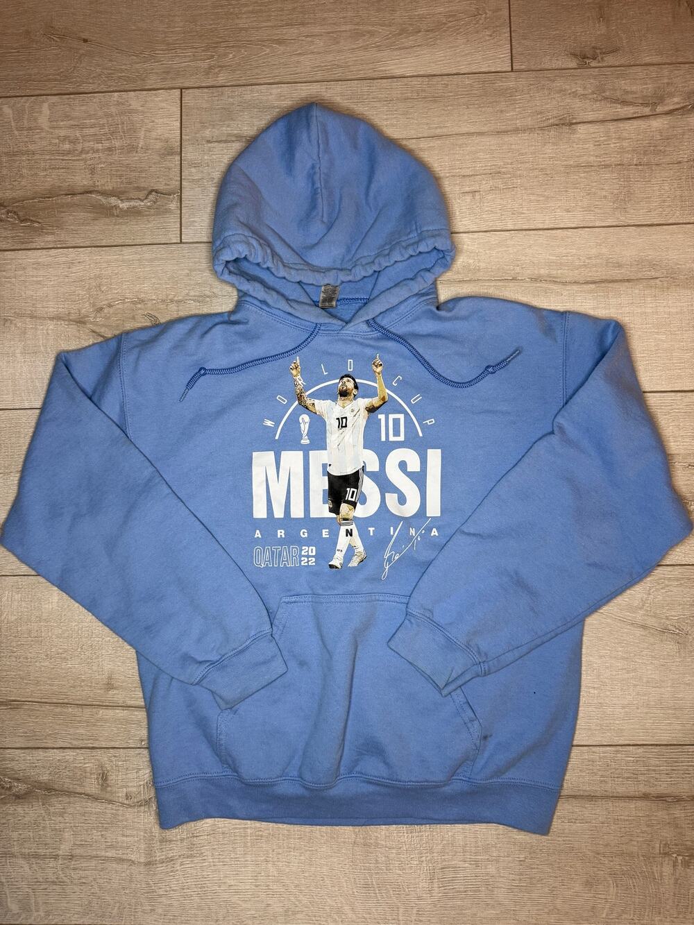 Lionel Messi Argentina Qatar 2022 World Cup Champion Hoodie Light Blue Medium